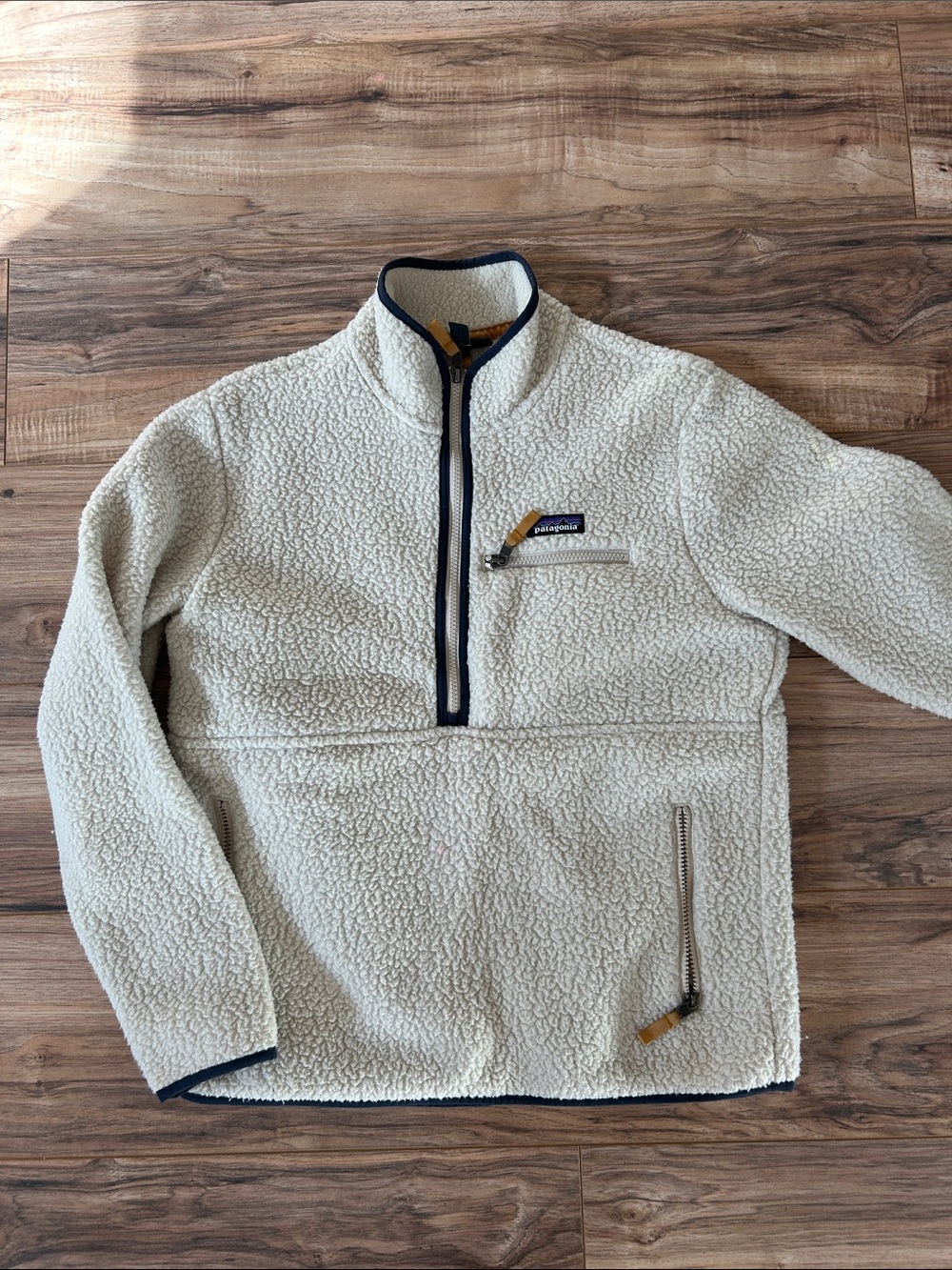 Patagonia Cream Sherpa Half-Zip Fleece Pullover with Navy Trim